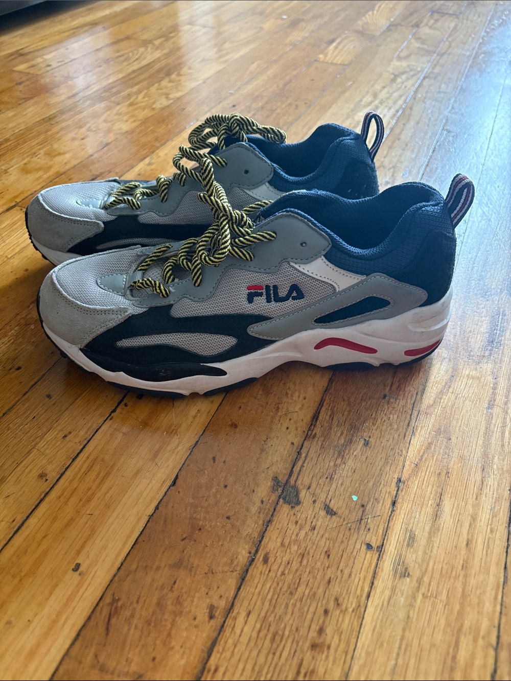 FILA Women's Gray Black White Sneakers with Yellow Laces and Red Accents